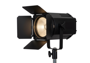 Focused spotlight with lens diffuser, attached to adjustable stand, ideal for theatrical or cinematic lighting, isolated on white or transparent background. PNG