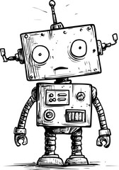 Fototapeta premium Cartoon style sketch of a quirky robot with large eyes and antenna, vintage concept. Vector illustration