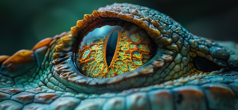 Close up of a crocodile eye, showing detail and texture.  The eye is bright and colorful, with a sharp focus on the pupil.