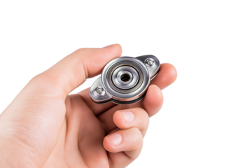  hand holding detailed mechanical component isolated on white background