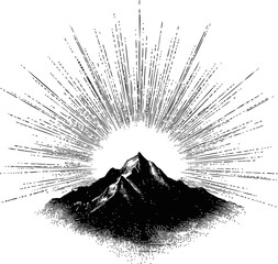 Obraz premium Mountain with sunburst in vintage style, black and white illustration design. Vector illustration