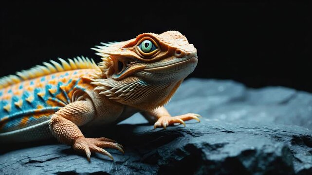 Vibrant bearded dragon perched on textured rock with striking orange, blue, and cream scales highlighted against a dark background, showcasing its unique patterns and features.