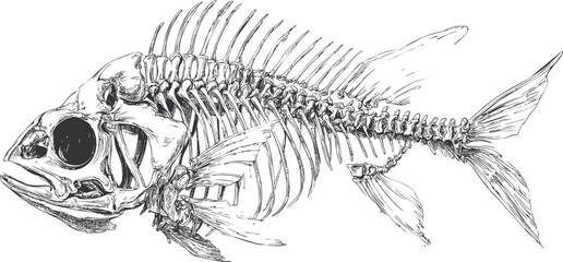 Detailed illustration of a fish skeleton with intricate bone structure. Vector illustration