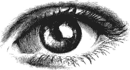 Obraz premium Black and white sketch of a detailed human eye with intricate shading. Vector illustration
