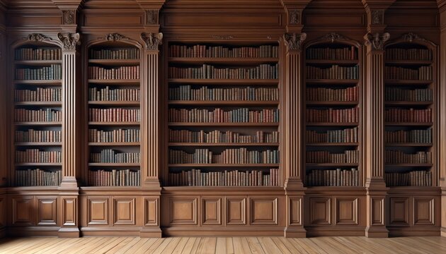 Old wooden bookshelf with numerous books in a room. Bookshelves on wooden wall in historical library. Classic interior in vintage style. Study room design, literature, knowledge.