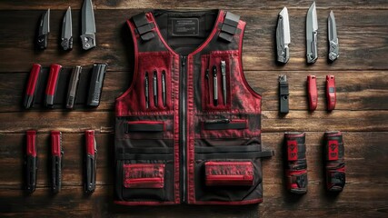 Tactical vest with various knives, showcasing outdoor gear and accessories.