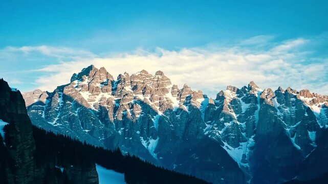 Snow-covered rocky mountains under blue sky with scattered clouds during winter daytime in remote forested region captured from a high elevation viewpoint