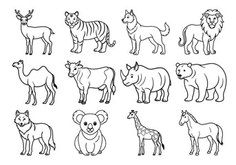 Set of Vector Animal Line Art on White Background