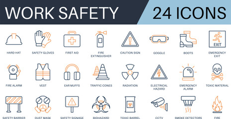 Work safety icon set with hard hat, risk management, first aid kit, ear protection, workplace security, CCTV, regulation, safety training, hazard, and more.  vector icons collection.