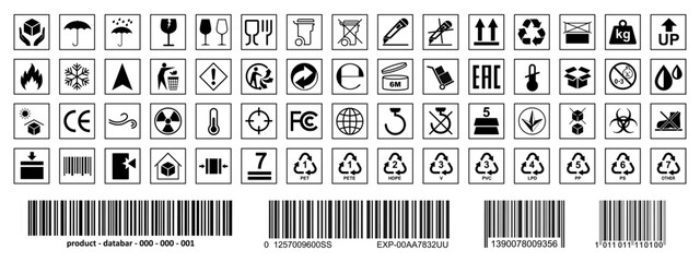Packaging and warning symbols set for cardboard box, recycle and caution signs, fragile cargo icons, fragile package warning signs, logistics delivery shipping special labels, barcode - vector
