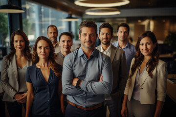 Obraz premium A confident business team posing together in a modern office with natural lighting