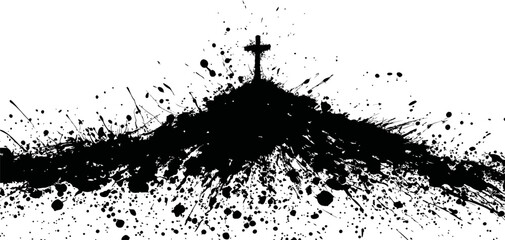 Cross on hill with black ink splatters in abstract artistic style. Vector illustration