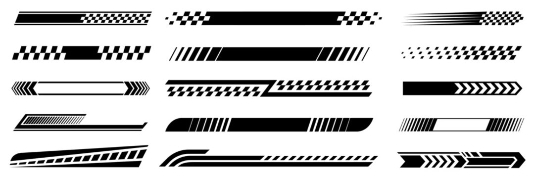 Racing cars and race car stripes set, angled checkered patterns, checkered flag, finish line, motocross labels, dynamic lines, motorsport, racing stripe speed, sport decals, vehicle tuning stickers
