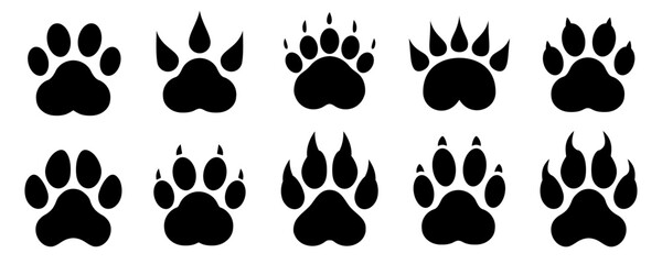 Fototapeta premium Paw footprint icon set with claws, lion tiger panther animal track silhouette, dog or cat paw print shape