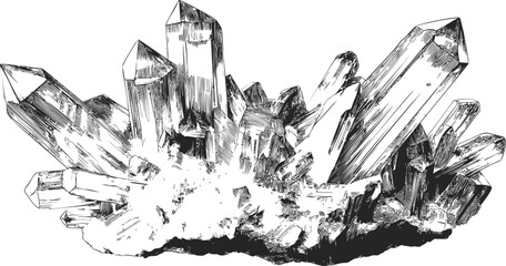Fototapeta premium Detailed black and white illustration of a crystal formation, artistic sketch. Vector illustration