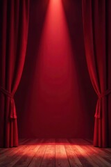 Crimson velvet curtains, single spotlight illuminates empty stage, focus, red, mysterious