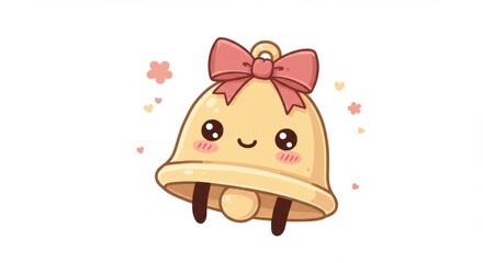 Adorable Kawaii Bell Character with Expressive Face and Pastel Decoration Illustration
