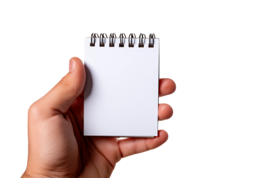 hand holds blank notepad isolated on white background
