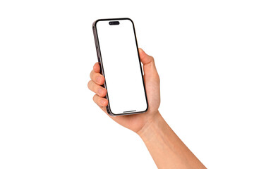 Hand showing smartphone with blank screen isolated.