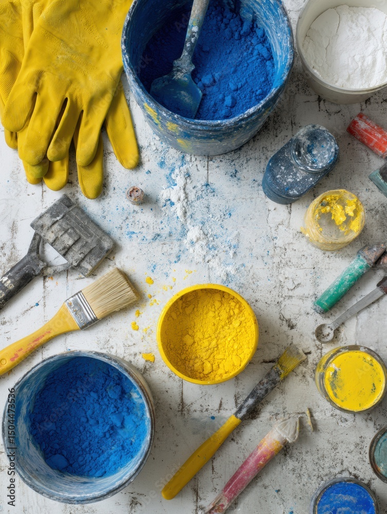 Poster Workbench Topped With Construction Chemicals and Tools for DIY Projects in a Creative Workspace Setting