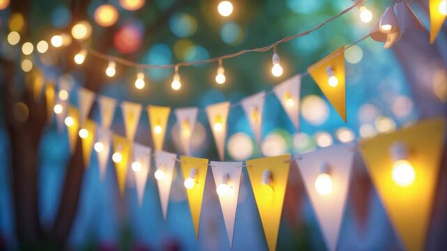 Colorful triangular bunting flags with warm glowing lights create a festive atmosphere in a softly blurred outdoor setting, surrounded by lush greenery and subtle hues.