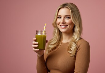 Fototapeta premium Healthy Green Smoothie Woman Enjoying a Refreshing Detox Drink