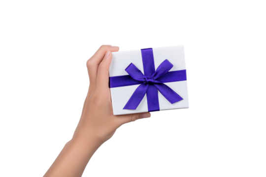 hand presenting beautifully wrapped gift box with  blue ribbon and bow isolated on white background