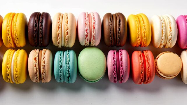 Colorful french macarons forming a border on white background