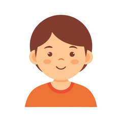 Simple cartoon illustration of a smiling boy with brown hair and orange shirt on white background