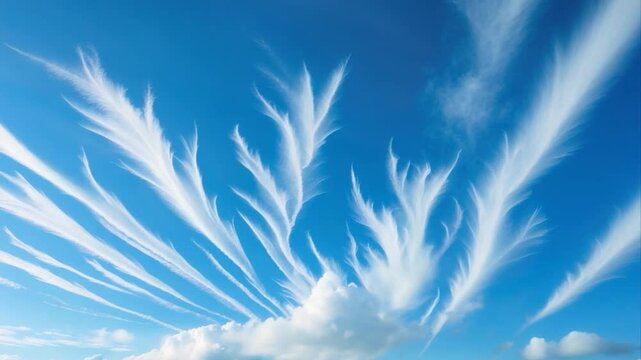 Majestic wispy clouds spreading across a bright blue sky, resembling delicate feathers or brush strokes, gracefully interweaving above a soft white cloud formation below.