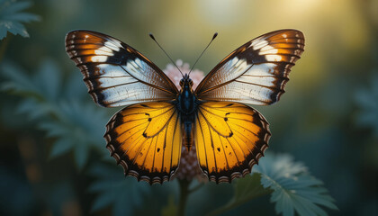 Fototapeta premium Graceful Butterfly on a Flower: A vibrant butterfly, its delicate wings adorned with intricate patterns and colors, perches gracefully atop a blossoming flower, bathed in soft sunlight.