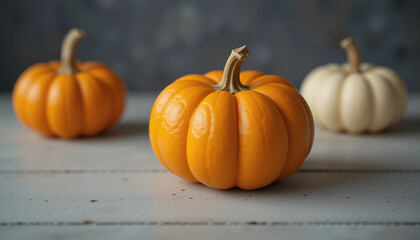 Autumn Harvest: Three pumpkins are displayed in a studio setting, each one radiating with the warmth and vibrancy of the autumn season. The image conveys the feeling of the harvest.