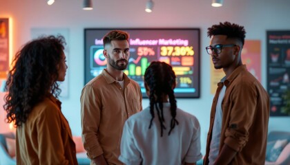 Diverse business team collaborates on influencer marketing strategies in modern office