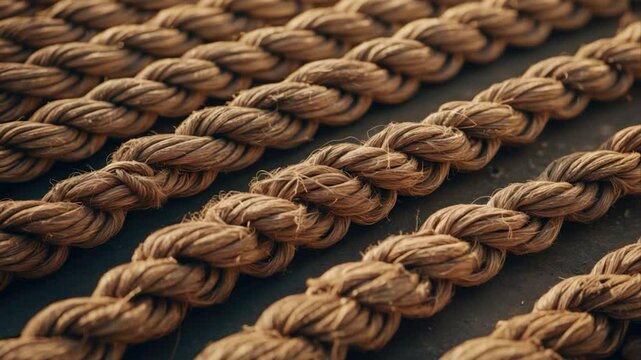 Close-up view of tightly woven natural fiber ropes arranged in parallel lines showcasing texture and craftsmanship, highlighting the intricate details of the rope braiding process.