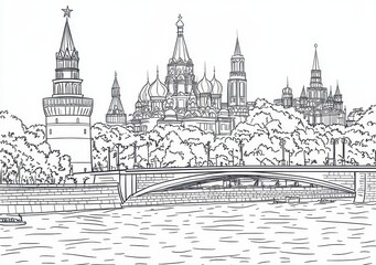 Obraz premium Moscow Kremlin and River Panorama - Monochrome Sketch