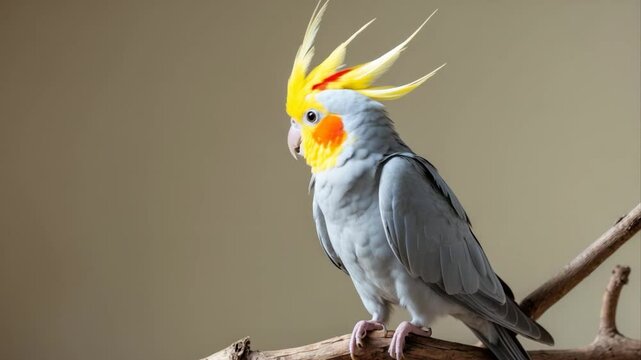 Colorful cockatiel perched on a natural branch, showcasing a vibrant yellow crest, bright orange cheek patches, and soft gray plumage against a neutral background.
