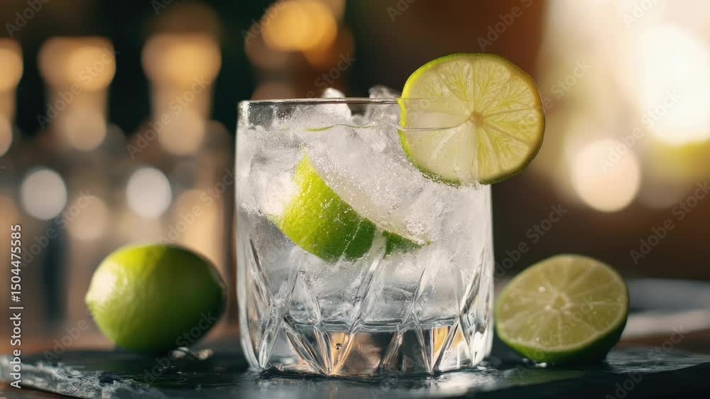 Poster a close-up view of a glass filled with water and slices of lime