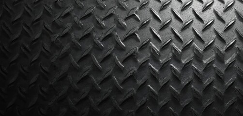 Black diamond plate metal texture. Industrial, rough surface with diagonal pattern. Metallic background perfect for design, construction, engineering, automotive, vehicle tech projects.