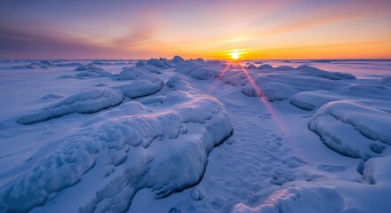 Frozen Arctic Landscape at Sunset with Dramatic Snow and Ice Formations Under Vibrant Winter Sky