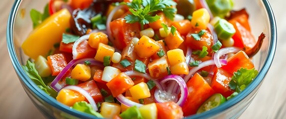 colorful salad is in a glass bowl