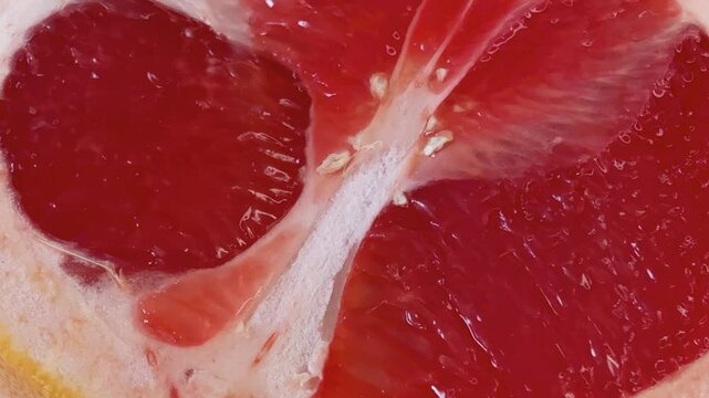 Ripe grapefruit close-up with juice dripping over the pulp in macro shot, slow motion, vibrant red citrus texture, juicy fruit detail, fresh slice with flowing juice and natural surface shine