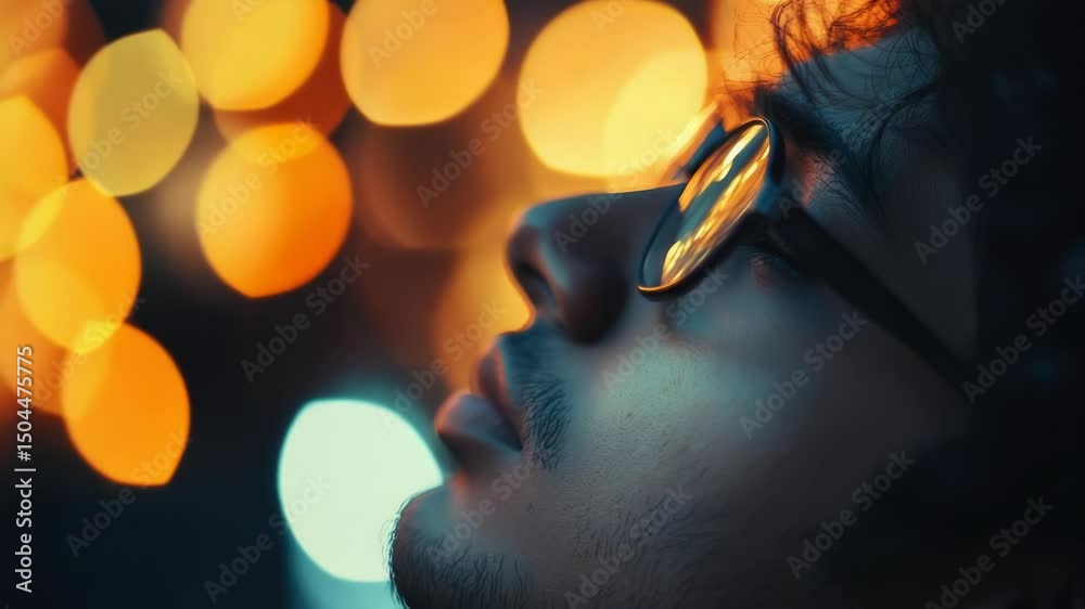 Poster a close-up shot of a person's face wearing glasses, ideal for use in editorial or commercial context