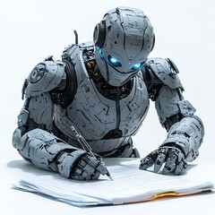 AI Or Artificial Intelligence Automatic Story Blog Posts Tiny Person Concept. Robotic Writing News Publish And Article Creation On Clear White Background