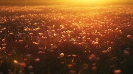 Golden sunset over a field of wildflowers.