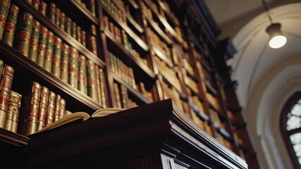 Old library interior with tall wooden bookshelves and arched gothic window

