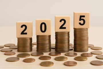 Wooden blocks with 2025 on stacked coins