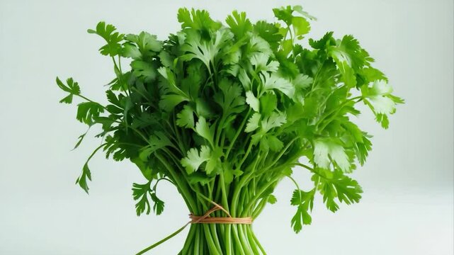 Fresh, vibrant bunch of cilantro showcasing its lush green leaves and stems bound with twine, perfect for culinary use and garnishing dishes.