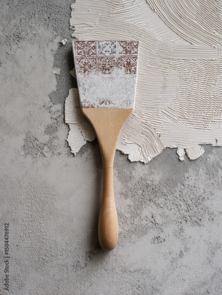 Aufkleber tile adhesive spatula resting on flat concrete with patterned sample for design application