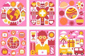 Naklejka premium Flat Design Vector Set of Healthcare, Environment, Travel, Space, Internet and Digital Work Icons
