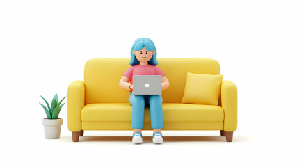 Woman working from home on laptop comfortable sofa